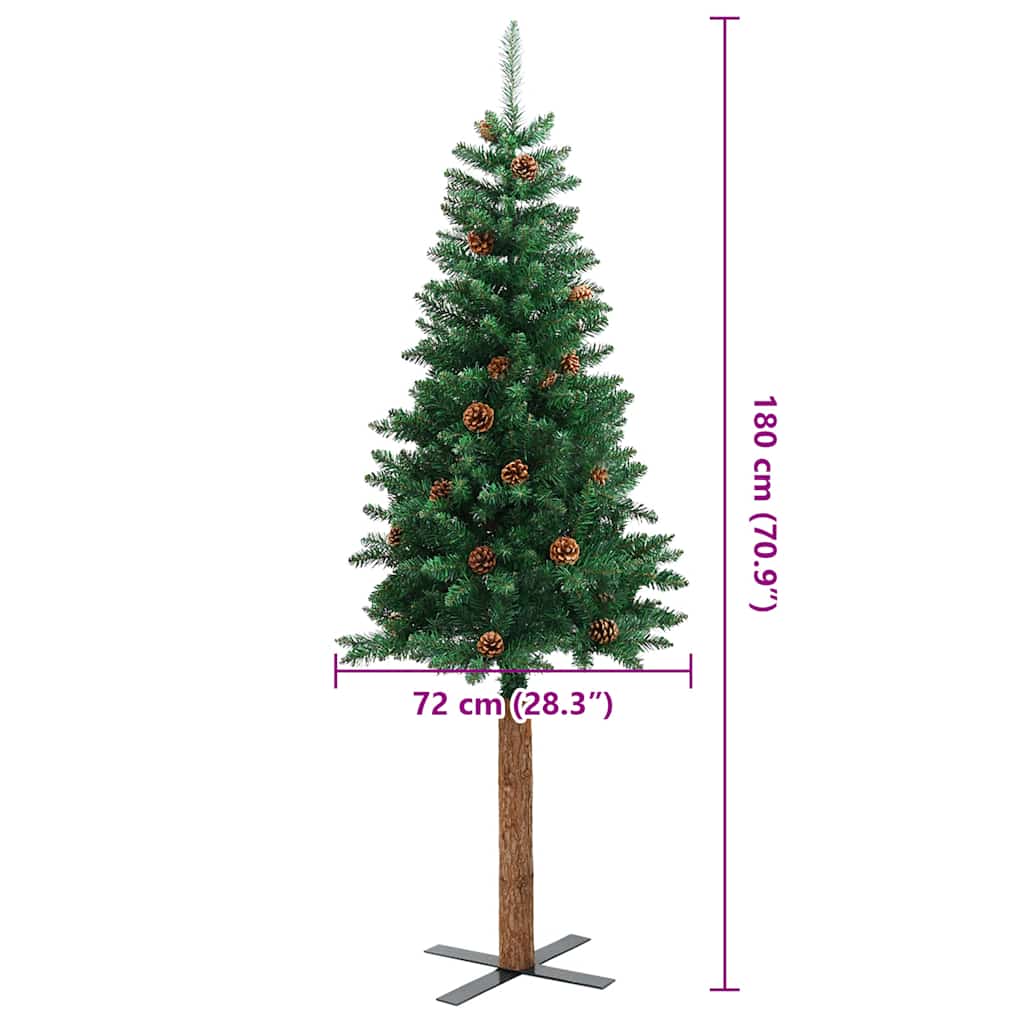 Weihnachtsbaum Schlank mit Echtholz und Zapfen Grün 180 cm PVC