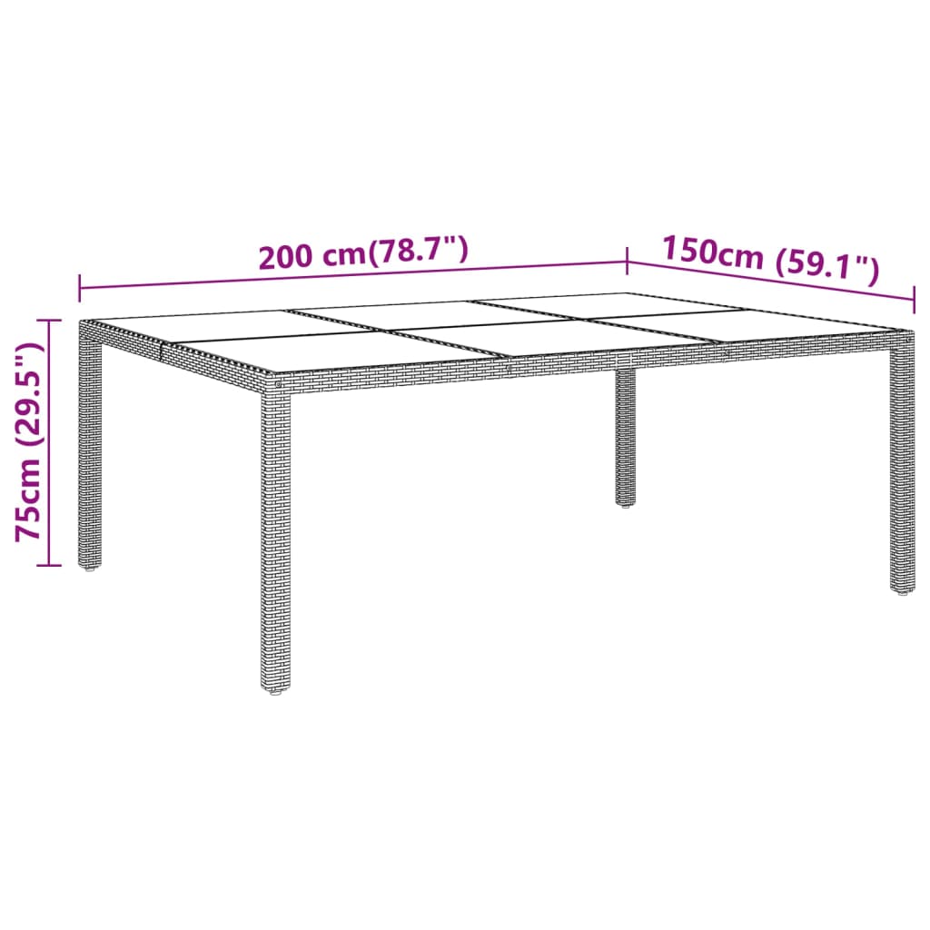 vidaXL Table de jardin 200x150x75 cm verre trempé et résine tressée beige