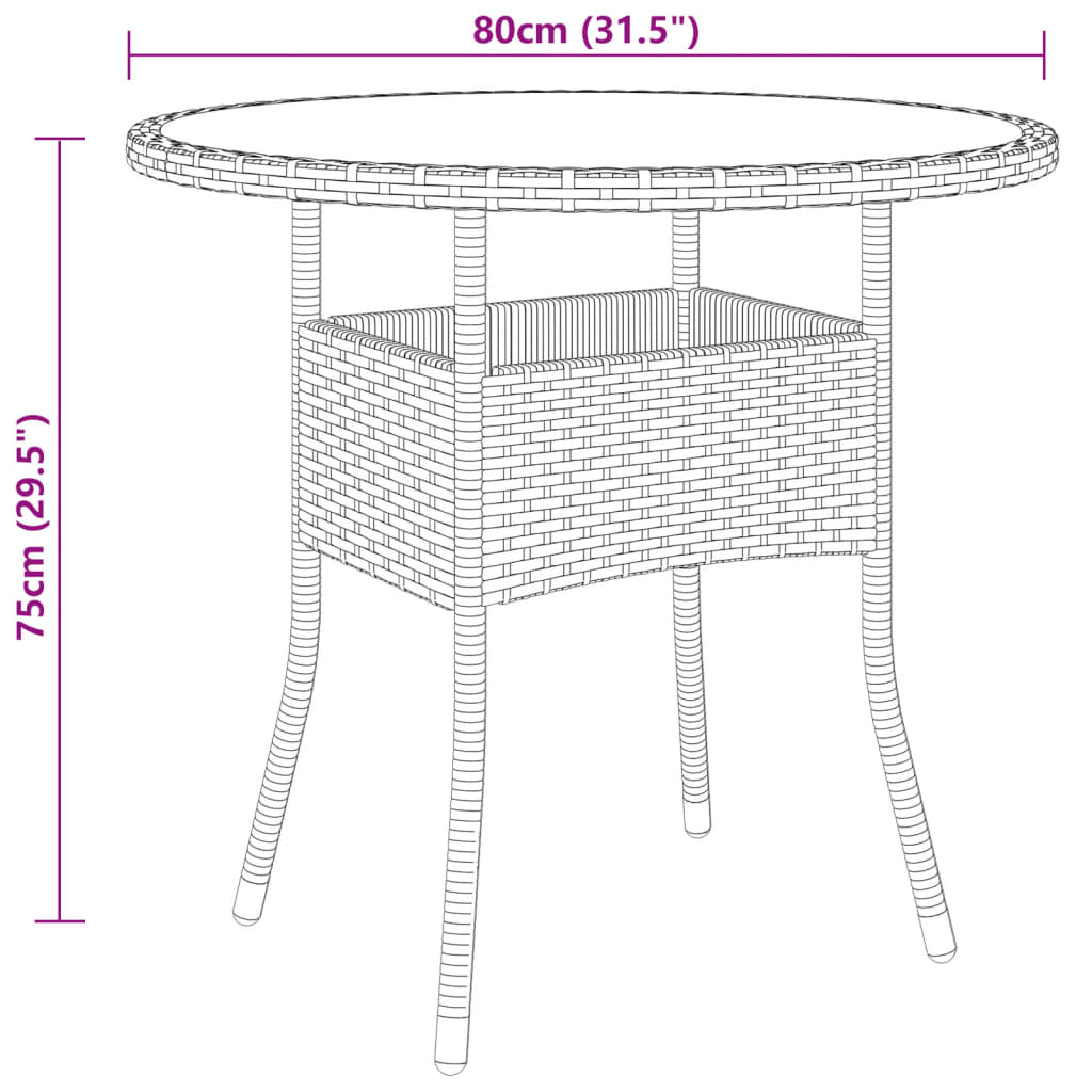 vidaXL Gartentisch Ø80x75 cm Hartglas und Poly Rattan Braun