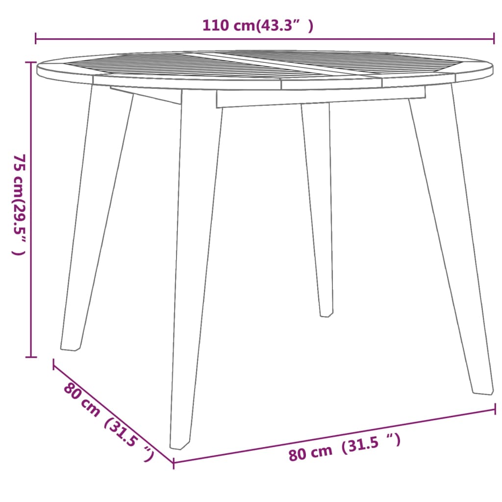 vidaXL Table de jardin Ø 110 x 75 cm en bois d'acacia massif