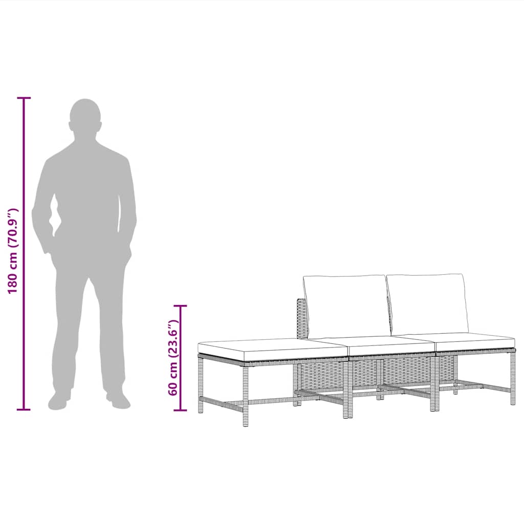 3-tlg. Garten-Sofagarnitur mit Auflagen Schwarz Poly Rattan