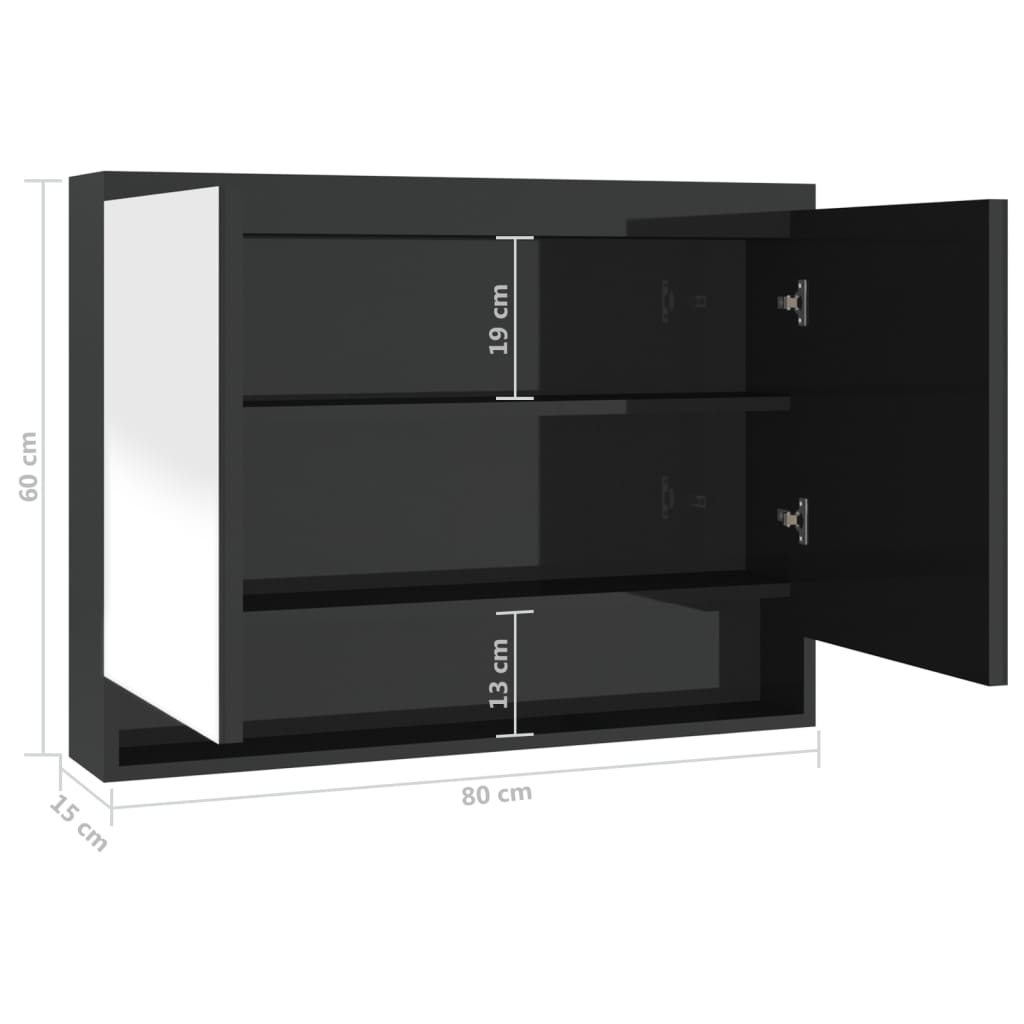 vidaXL Armoire de toilette à miroir 80x15x60 cm Noir brillant