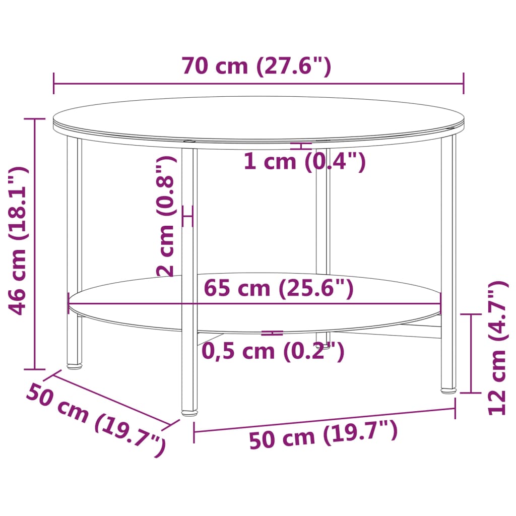 vidaXL Table d'appoint noir et transparent 70 cm Verre trempé