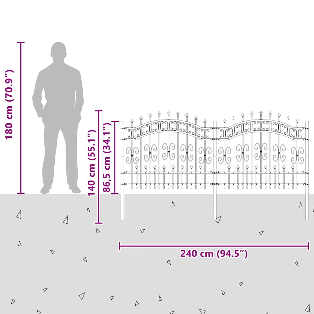 vidaXL Gartenzaun mit Speerspitze Schwarz 240 x 100 cm Pulverbeschichteter Stahl