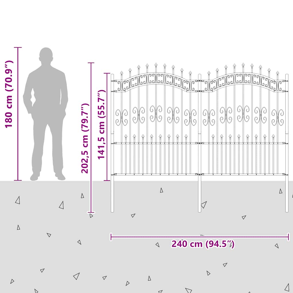 vidaXL Clôture de jardin avec fers de lance Acier poudré Noir 240 x 150 cm