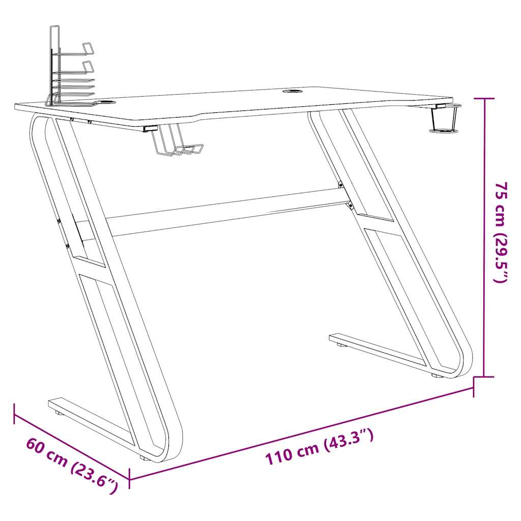vidaXL Gaming-Schreibtisch mit ZZ-Gestell Schwarz 110x60x75 cm