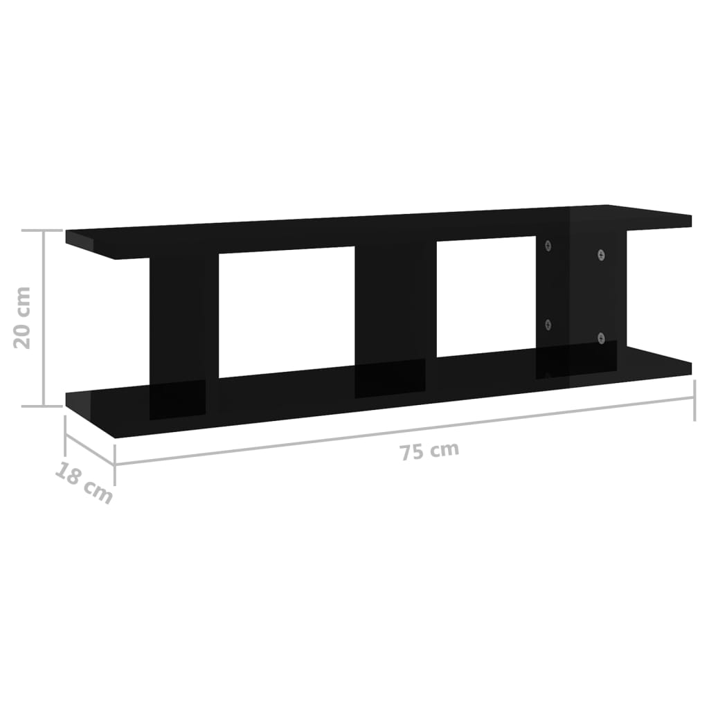 vidaXL Étagères murales 2 pcs Noir brillant 75x18x20 cm Aggloméré