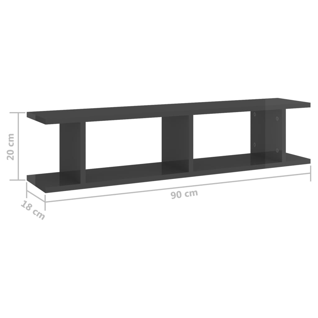 vidaXL Wandregale 2 Stk. Hochglanz-Grau 90x18x20 cm Holzwerkstoff
