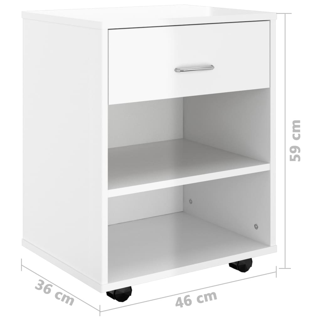vidaXL Meuble de Rangement à roulettes Blanc brillant 46x36x59 cm Bois d'ingénierie