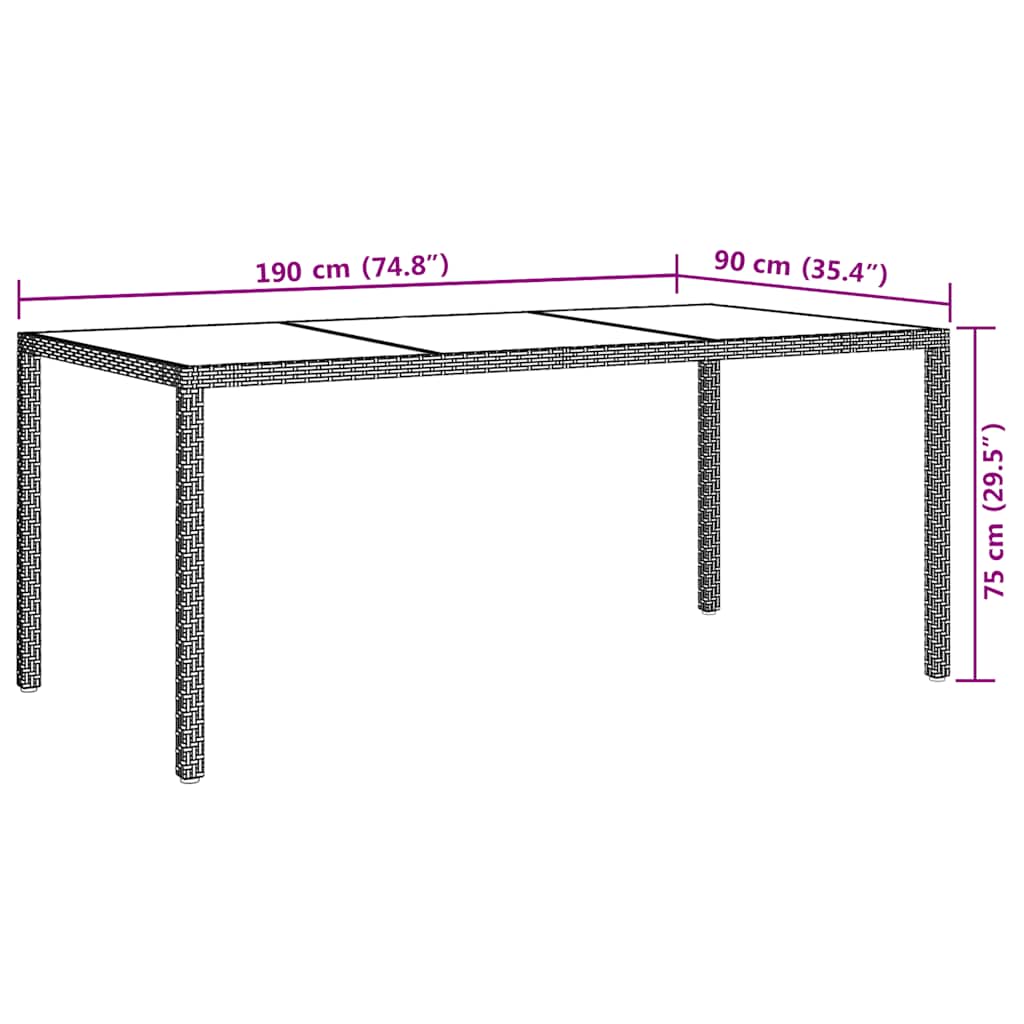 vidaXL Gartentisch Braun 190x90x75 cm Gehärtetes Glas und Poly Rattan