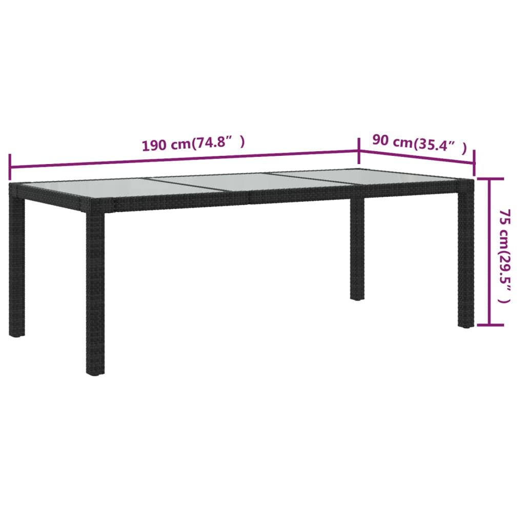vidaXL Gartentisch Schwarz 190x90x75 cm Gehärtetes Glas Poly Rattan