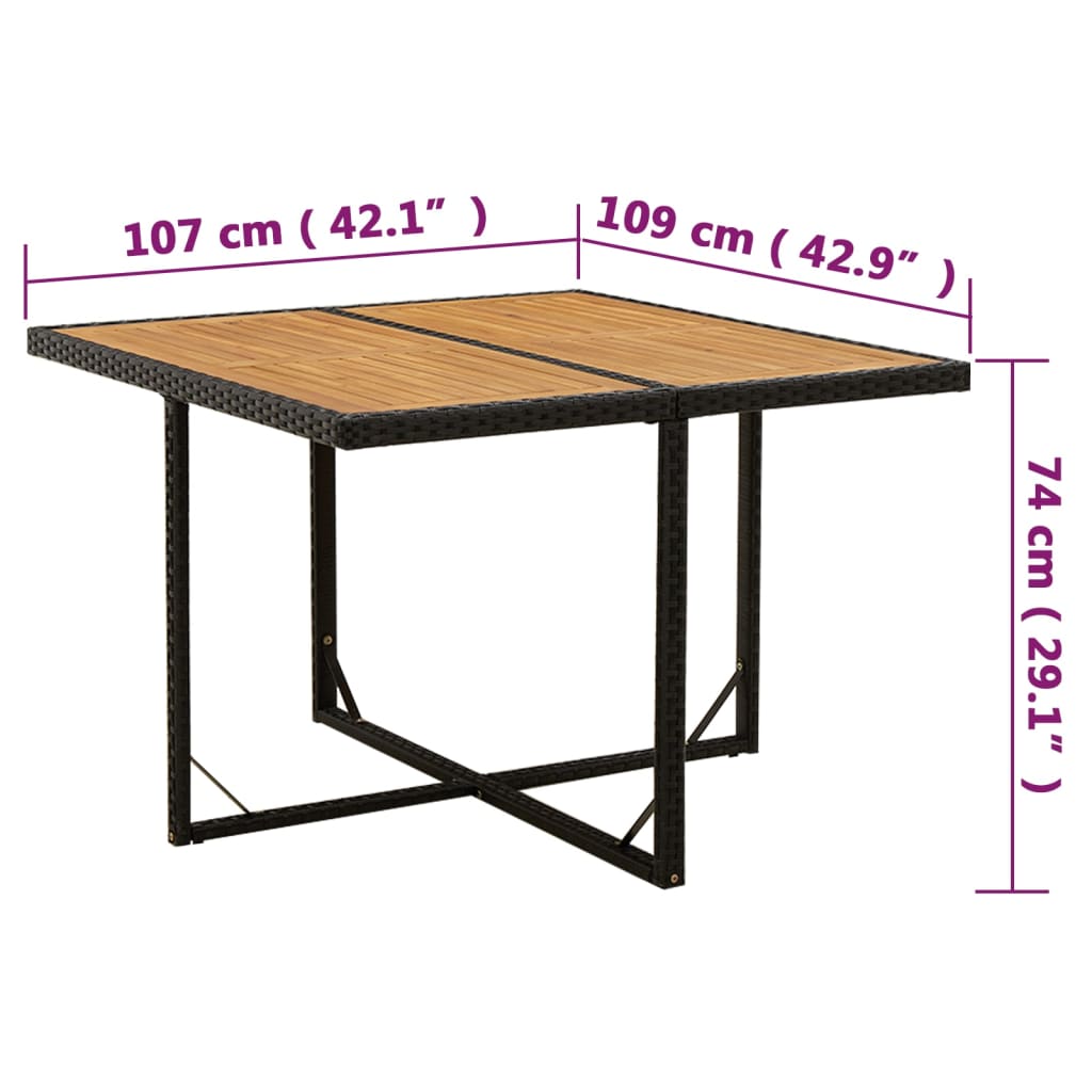 vidaXL Table de jardin Noir 109x107x74 cm Résine tressée Bois d'acacia massif