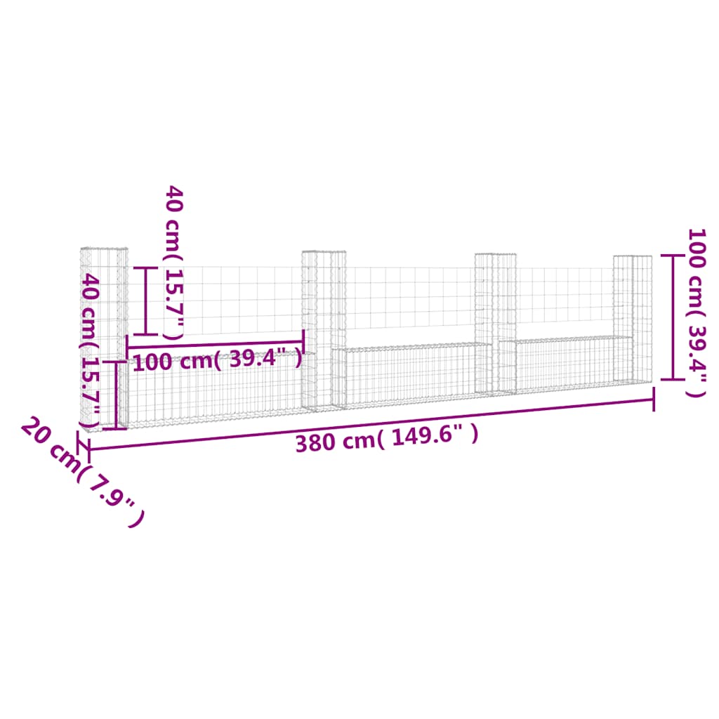 vidaXL Panier Gabion en U avec 4 Poteaux Fer 380x20x100 cm