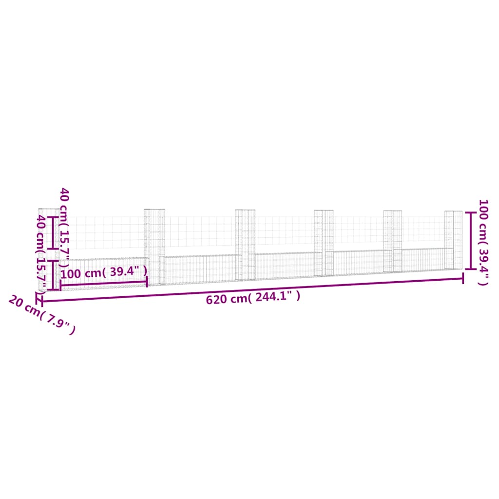 vidaXL Panier de gabions en U avec 6 poteaux en fer 620x20x100 cm