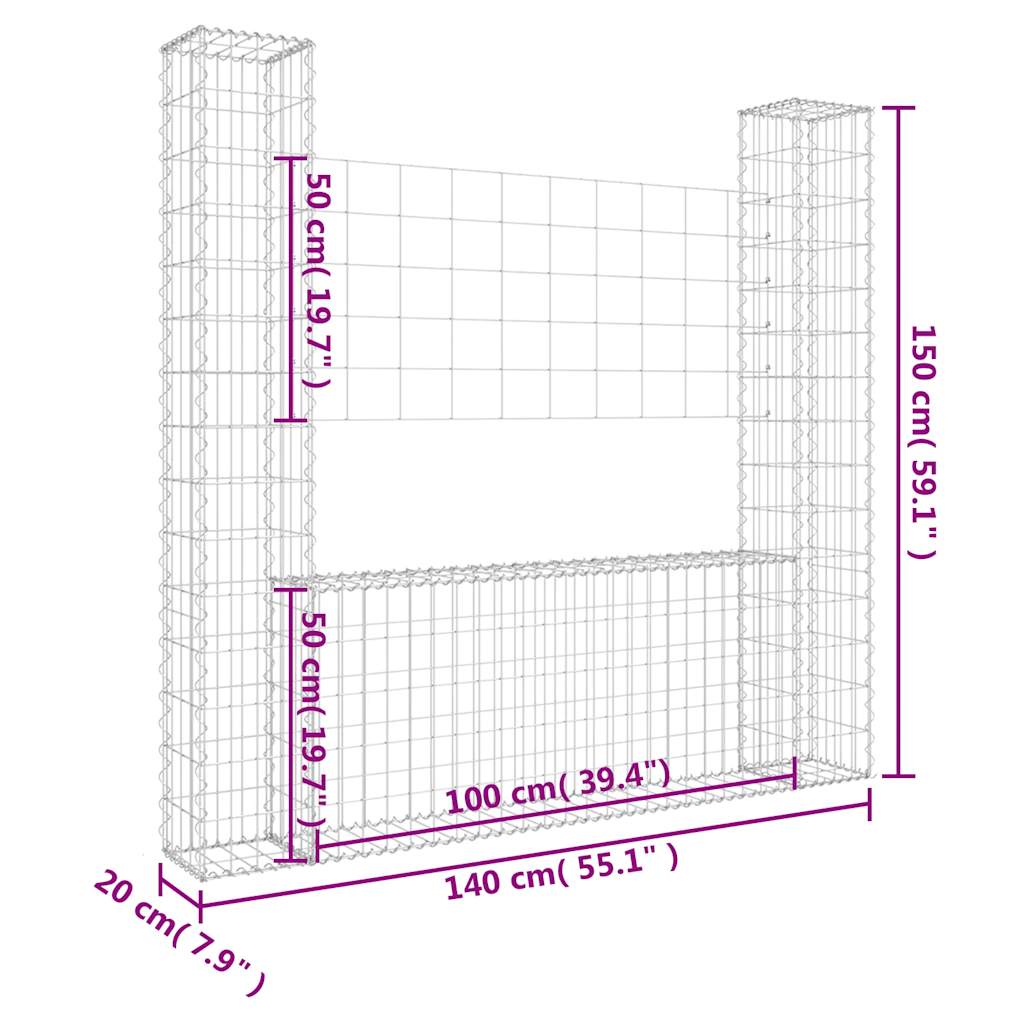 vidaXL Gabionenkorb U-Form mit 2 Säulen Eisen 140x20x150 cm