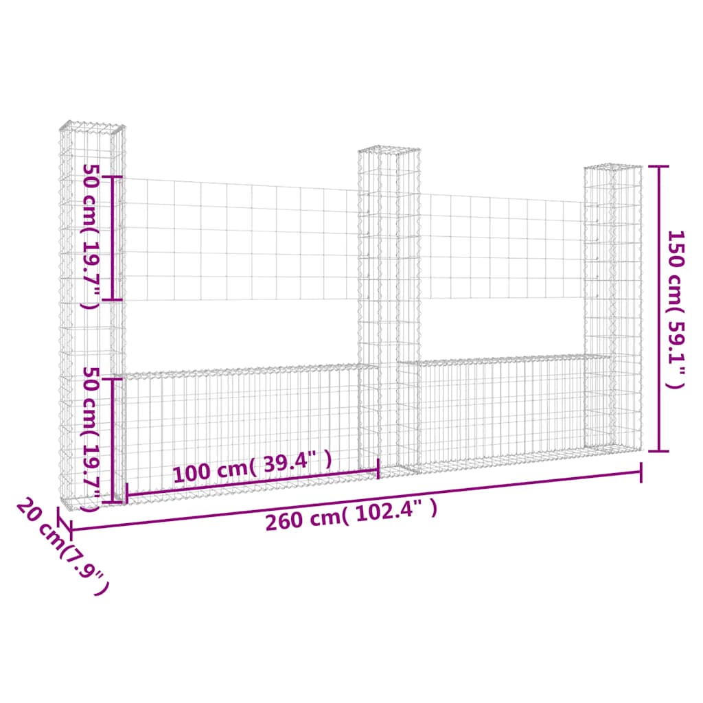 vidaXL Gabion en U avec 3 piliers en fer 260x20x150 cm