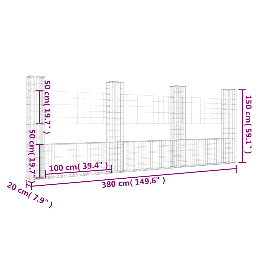 vidaXL Panier de gabion en U avec 4 poteaux en fer 380x20x150 cm