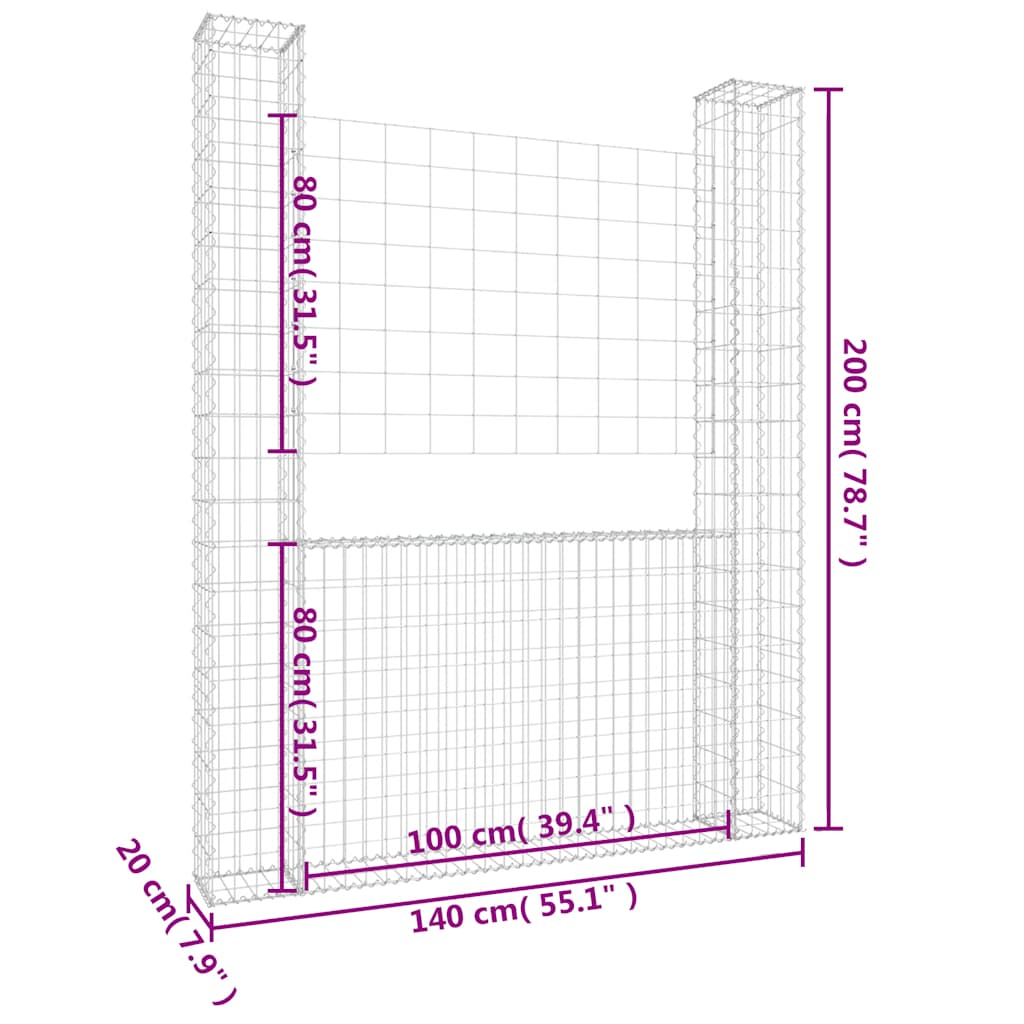 vidaXL Gabionenkorb en U avec 2 piliers en fer 140x20x200 cm