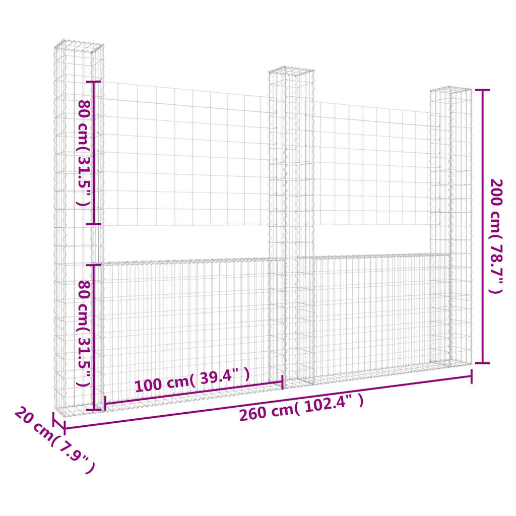 vidaXL Panier Gabion en U avec 3 Piliers Fer 260x20x200 cm