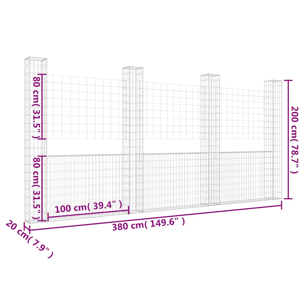 vidaXL Gabionenkorb U-Form mit 4 Säulen Eisen 380x20x200 cm