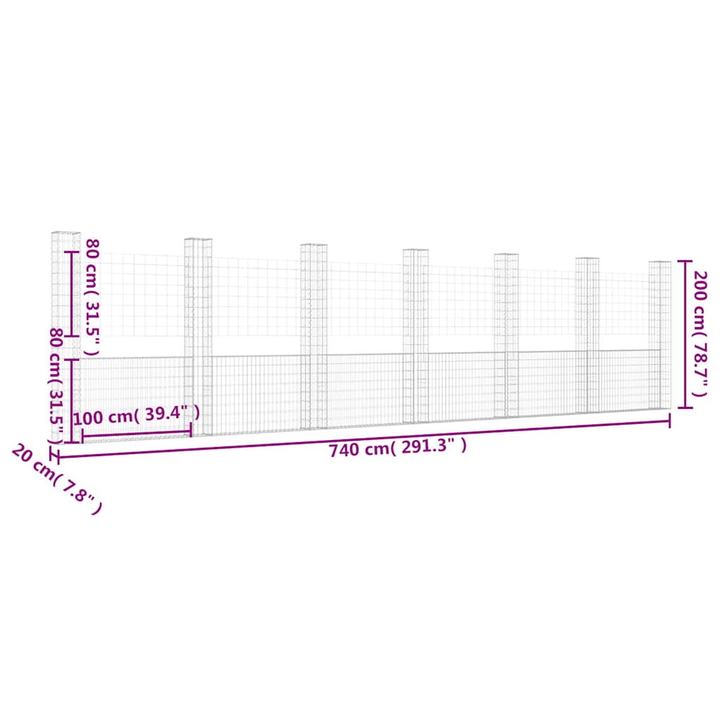 Gabionenkorb U-Form mit 7 Säulen Eisen 740x20x200 cm