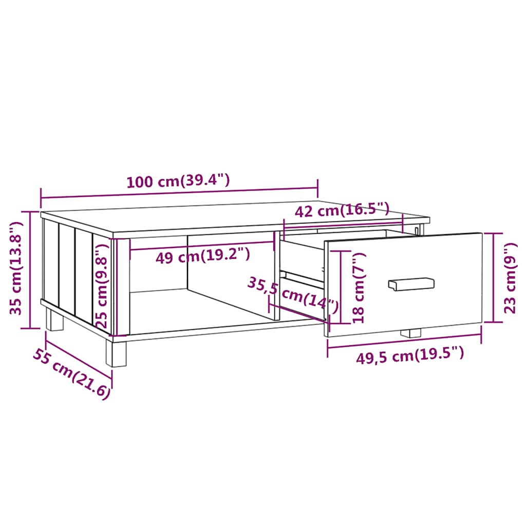 vidaXL Couchtisch HAMAR Hellgrau 100x55x35 cm Massivholz Kiefer