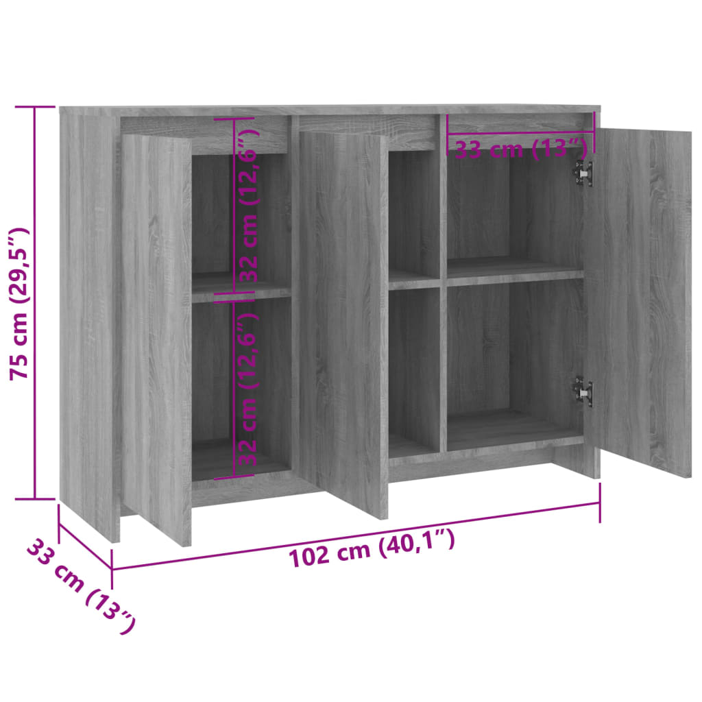 vidaXL Sideboard Grau Sonoma 102x33x75 cm Holzwerkstoff