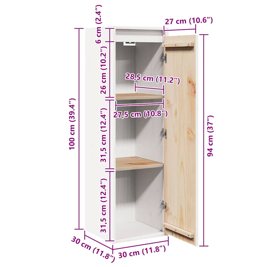 vidaXL Wandschrank Weiß 30x30x100 cm Massivholz Kiefer