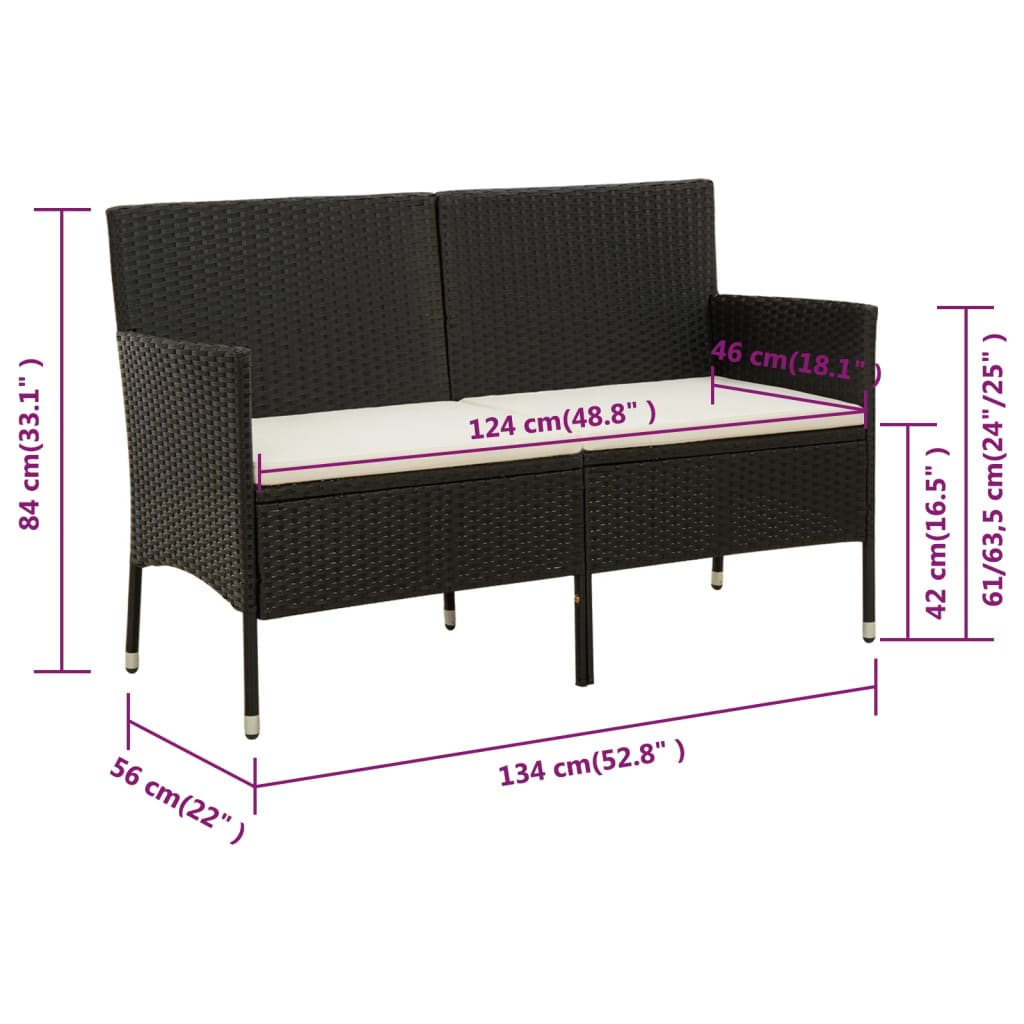 vidaXL Gartensofa 3-Sitzer mit Kissen Schwarz Poly Rattan
