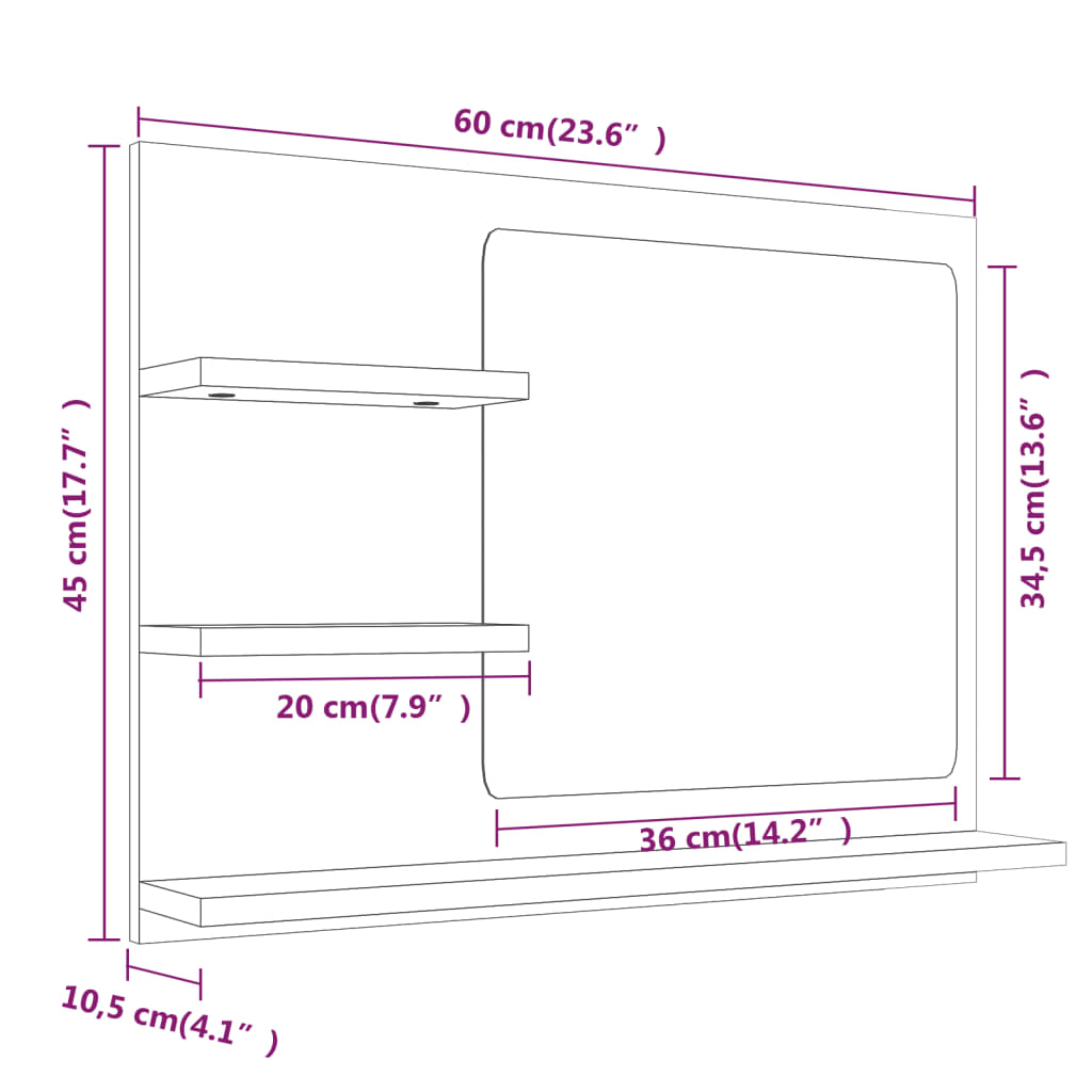 vidaXL Miroir de salle de bain gris Sonoma 60x10,5x45 cm en bois d'ingénierie