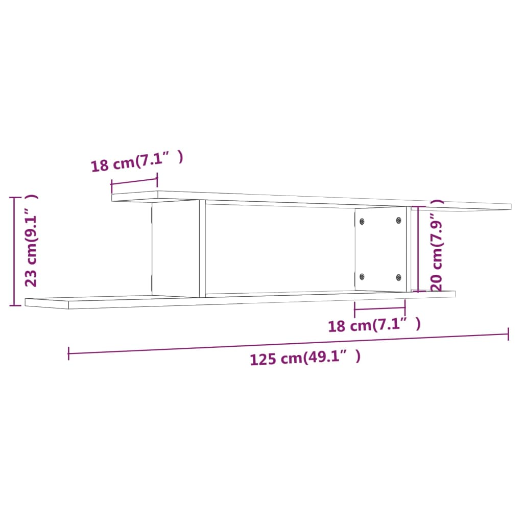 vidaXL TV-Wandregal Grau Sonoma 125x18x23 cm Holzwerkstoff