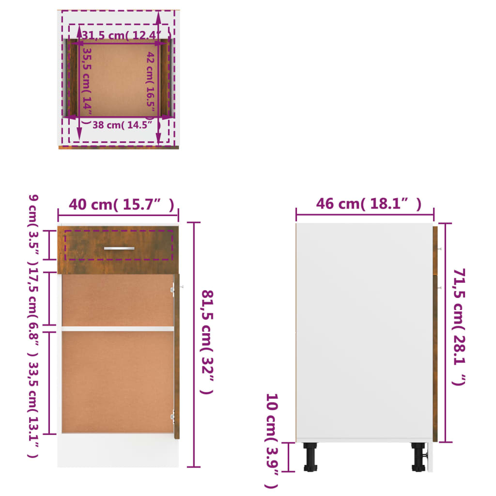 vidaXL Unterschrank mit Schublade Lyon Räuchereiche 40x46x81,5 cm