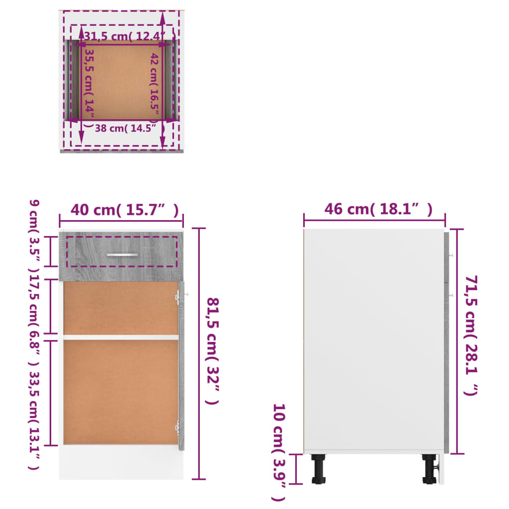 vidaXL Unterschrank mit Schublade Lyon Grau Sonoma 40x46x81,5 cm