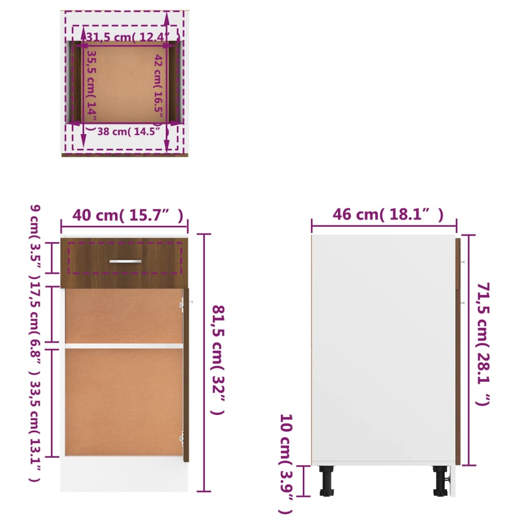 vidaXL Unterschrank mit Schublade Lyon Braun Eichen-Optik 40x46x81,5 cm