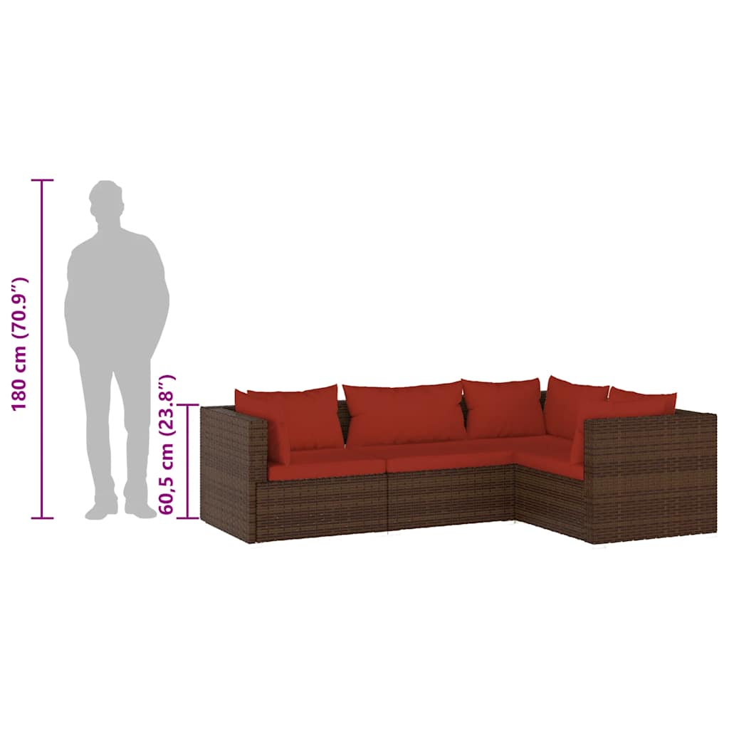 vidaXL Salon de jardin 4 pcs avec coussins résine tressée marron