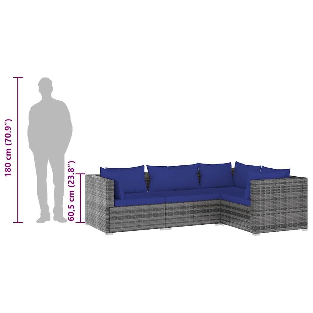 vidaXL Salon de jardin 4 pcs avec coussins résine tressée gris