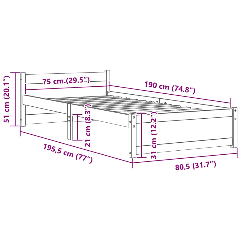 vidaXL Lit en bois massif sans matelas Blanc 75x190 cm