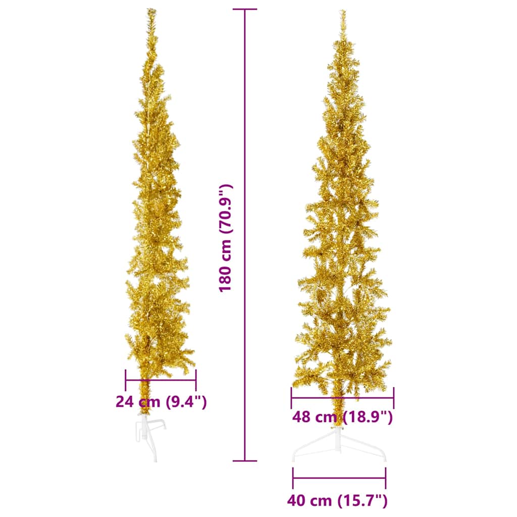 vidaXL Sapin de Noël semi-artificiel avec support Slim Doré 180 cm