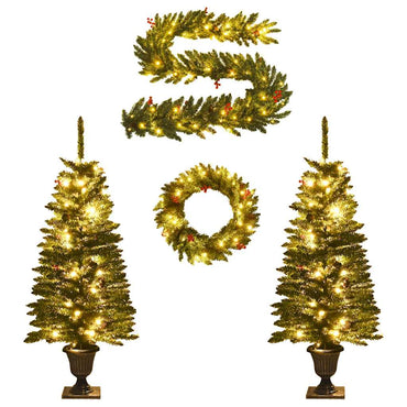 vidaXL Sapins de Noël artificiels 2 pcs avec couronne, guirlande et LED