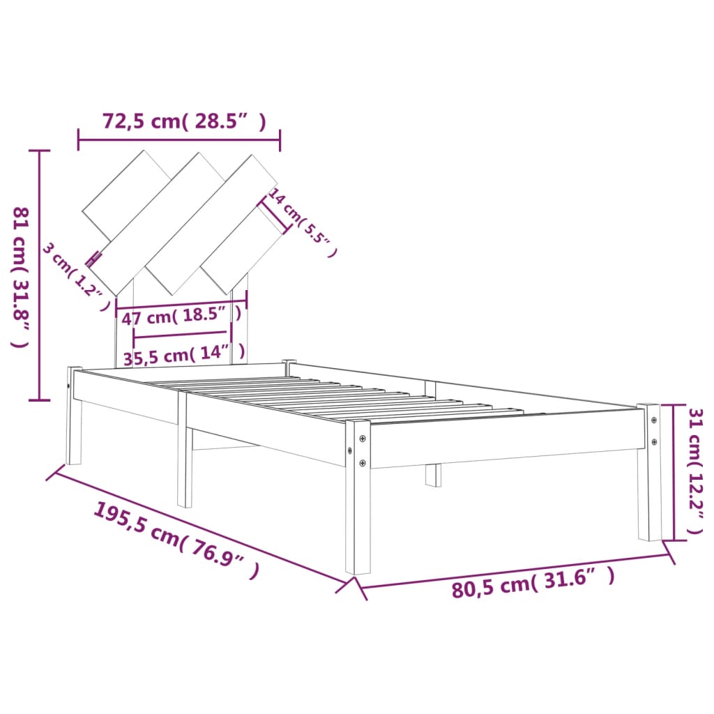 vidaXL Massivholzbett 75x190 cm