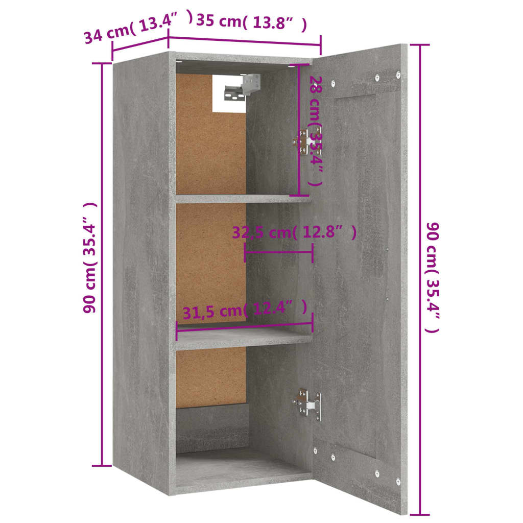 vidaXL Armoire murale gris béton 35x34x90 cm Bois d'ingénierie