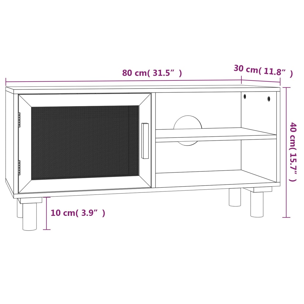 vidaXL Meuble TV Noir 80x30x40 cm Bois massif de pin Rotin naturel