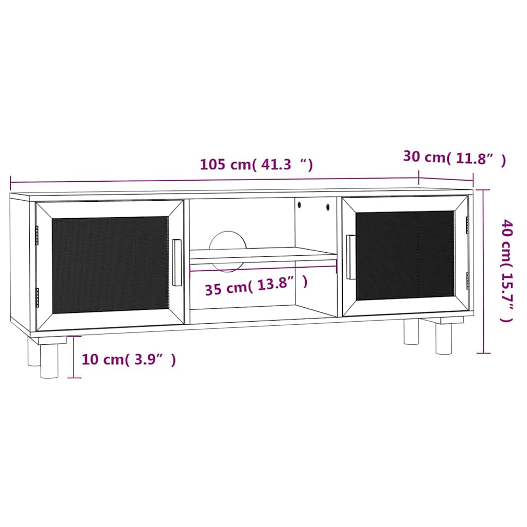 vidaXL TV-Schrank Schwarz 105x30x40 cm Massivholz Kiefer Natur-Rattan