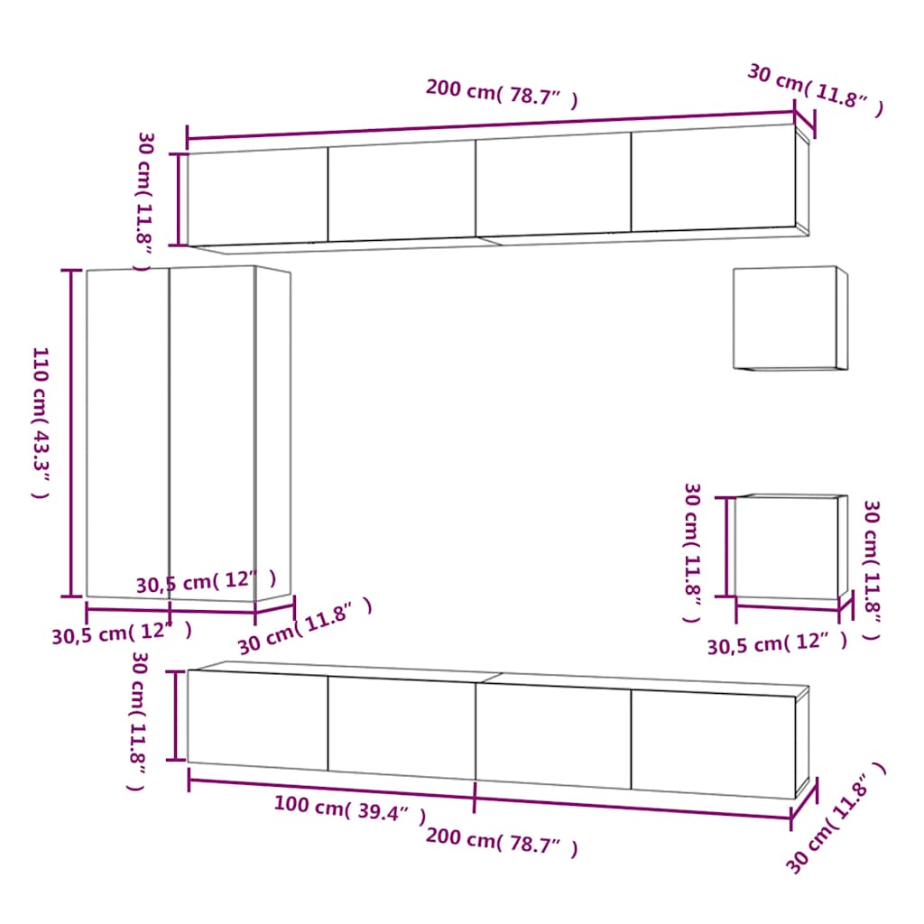vidaXL Meuble TV, 8 pcs, Blanc, Bois d'ingénierie