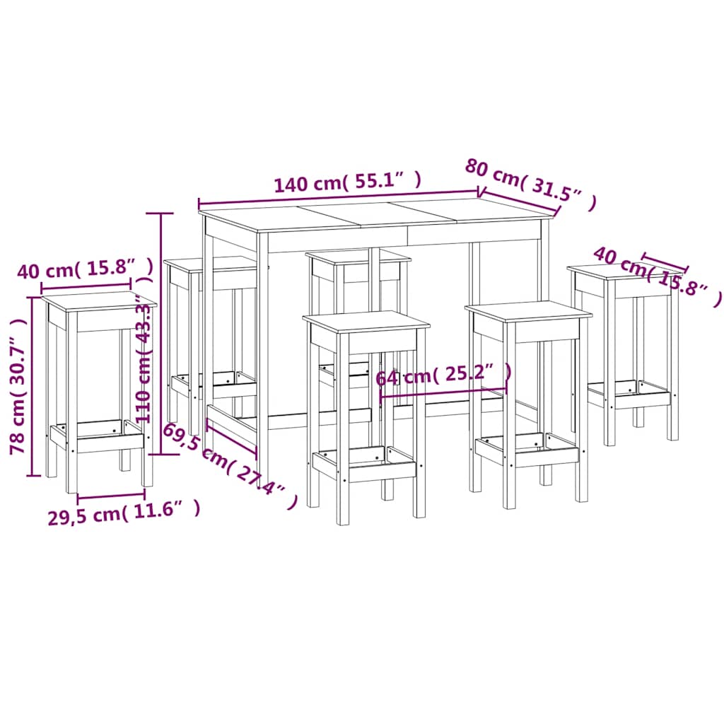vidaXL Ensemble de bar 7 pcs Bois de pin massif
