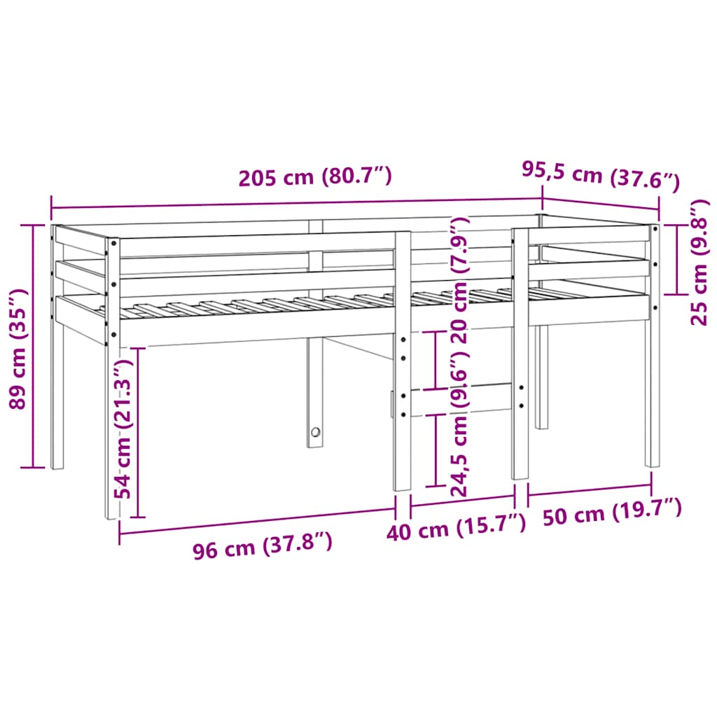 Hochbett 90x200 cm Massivholz Kiefer