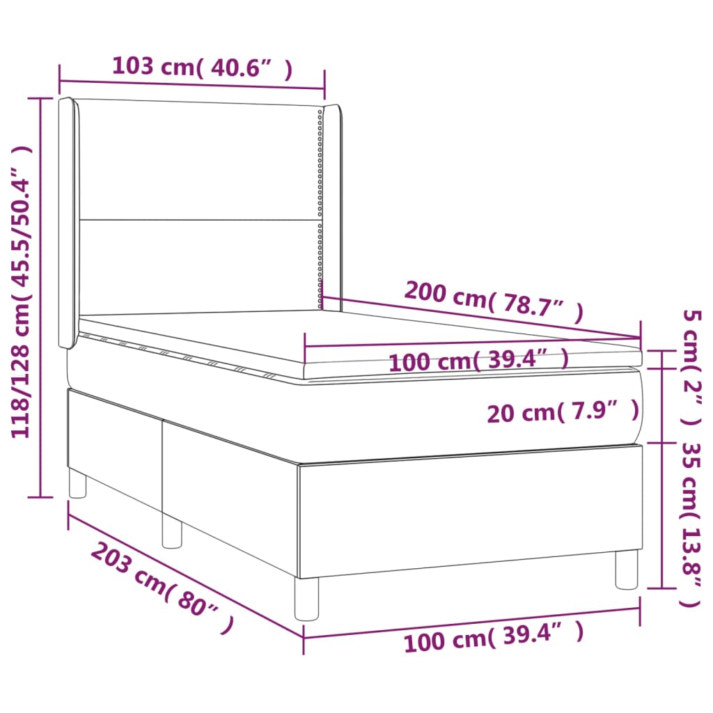 vidaXL Boxspringbett mit Matratze & LED Hellgrau 100x200 cm Stoff