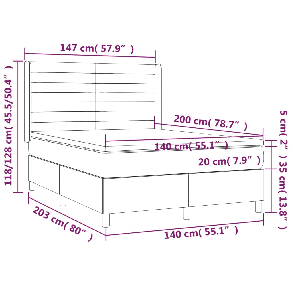 vidaXL Boxspringbett mit Matratze & LED Hellgrau 140x200 cm Stoff