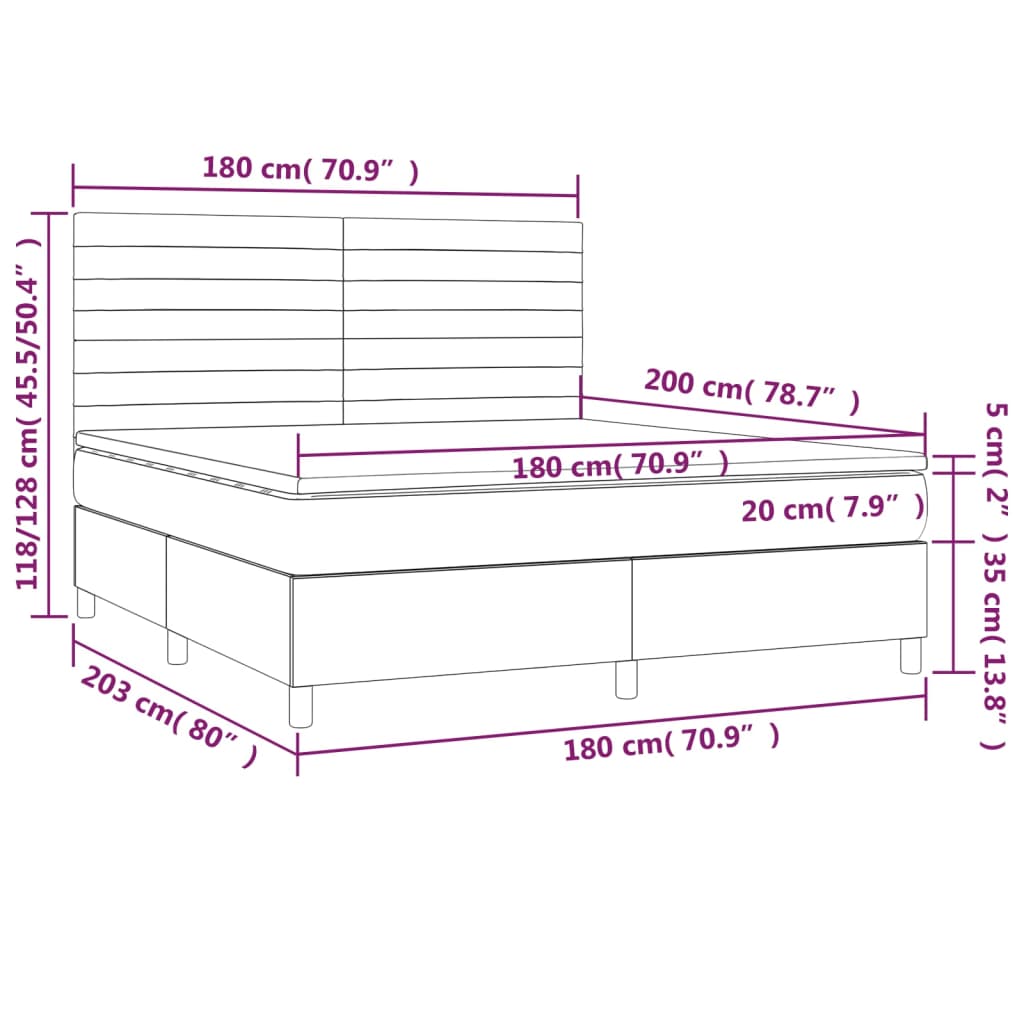 vidaXL Boxspringbett mit Matratze & LED Hellgrau 180x200 cm Stoff