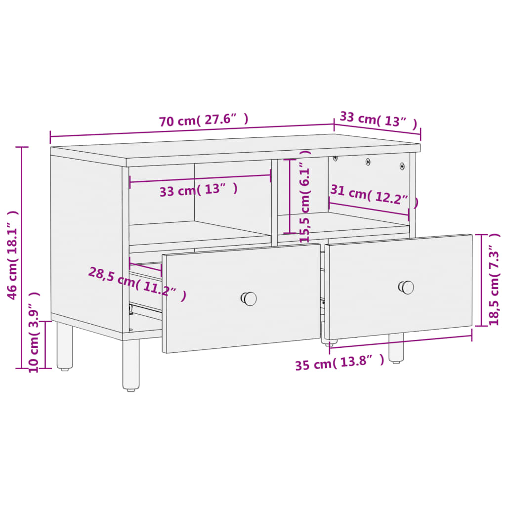 vidaXL TV-Schrank Schwarz 70x33x46 cm Massivholz Mango
